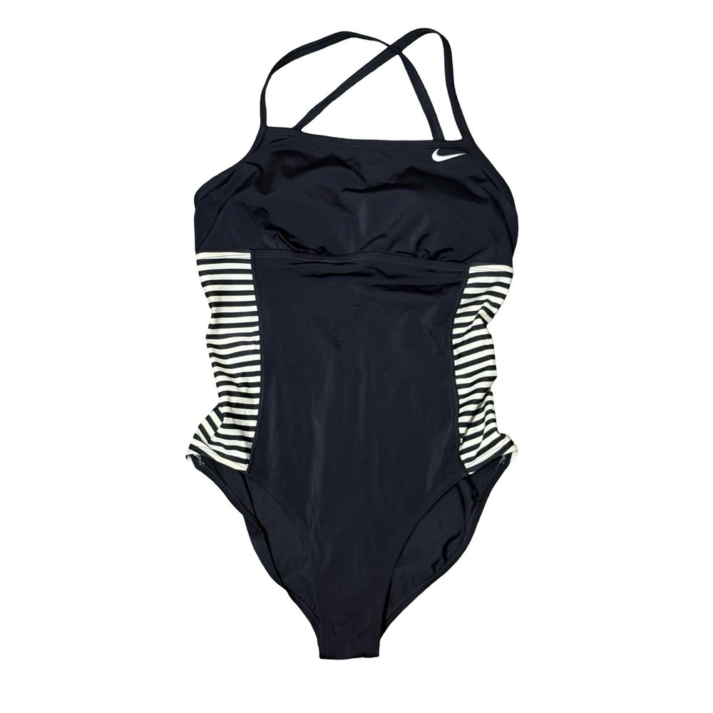 Nike one piece swimsuit Large Black Slimming Stripes Logo Low Back Cross Straps